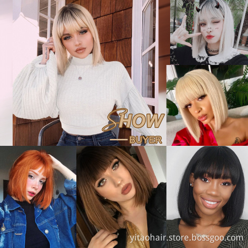 Anogol Cheap Ombre color black root Blonde Synthetic hair Bob Wigs With Bangs 613 color  sik straight synthetic hair  wigs